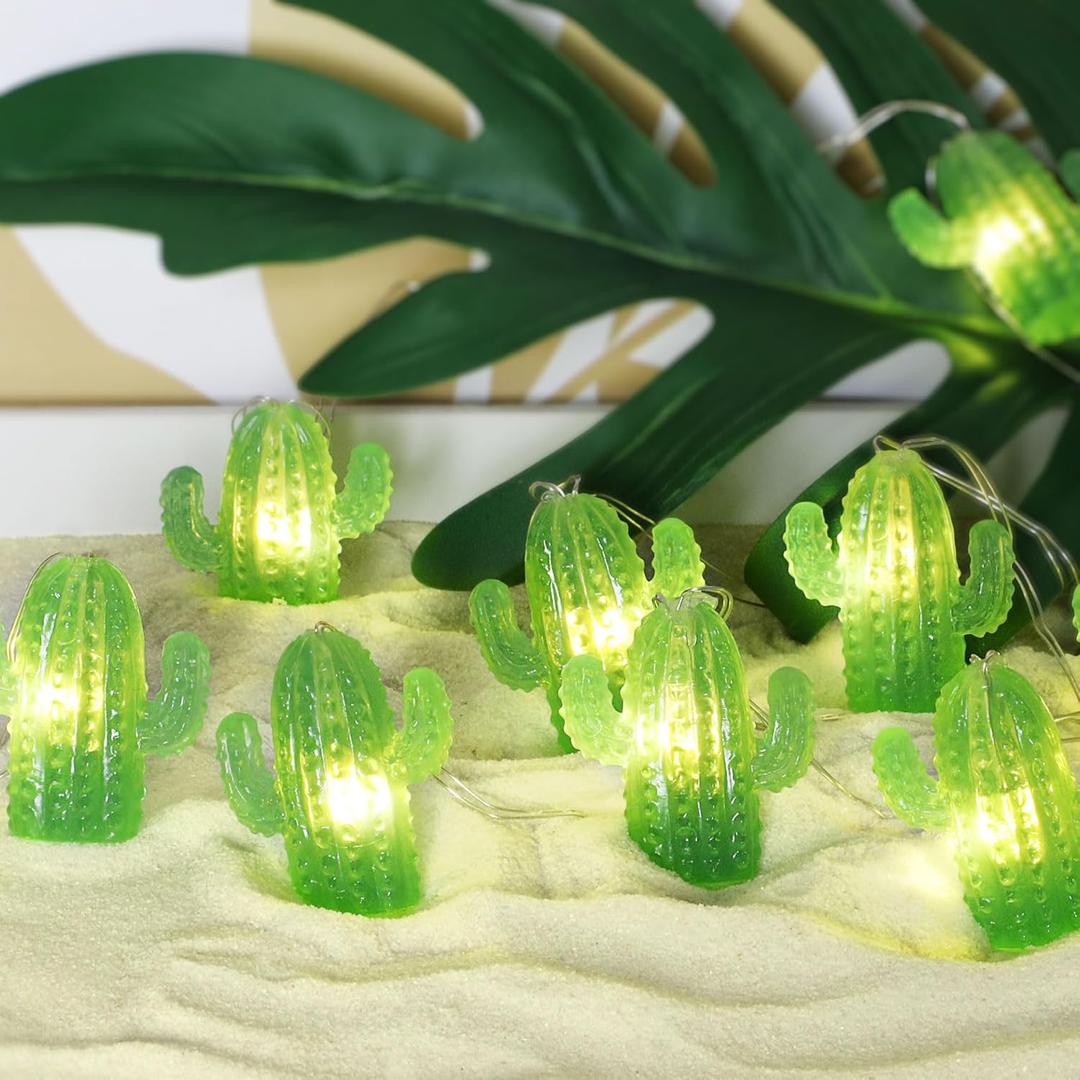 Tropical Themed String Lights Decoration, Cactus Succulents 10ft 20 LEDs Cacti Fairy Lights Battery Powered Remote for Desert Texas Cowboy Wreath Bedroom Wedding Home Party Supplies Decor (Big Icon)