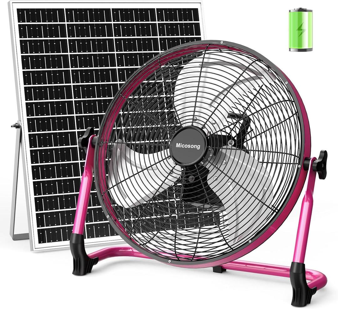 18 Solar Powered Floor Fan, 40W Cordless Fan Outdoor, Long Lasting Battery Operated and Strong Airflow, USB Output, 360 Tilt, Quiet, Wireless, For Camping Travel Home Garage RV Patio, Purple 