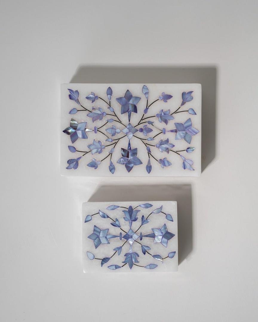 Handcrafted Marble Inlay Jewelry Box Decorative Keepsake Box for Women, Vintage Floral Design Luxury White Marble Storage Box for Rings, Trinkets, Gifts Indian Home Decor Accent, Blue (Small)