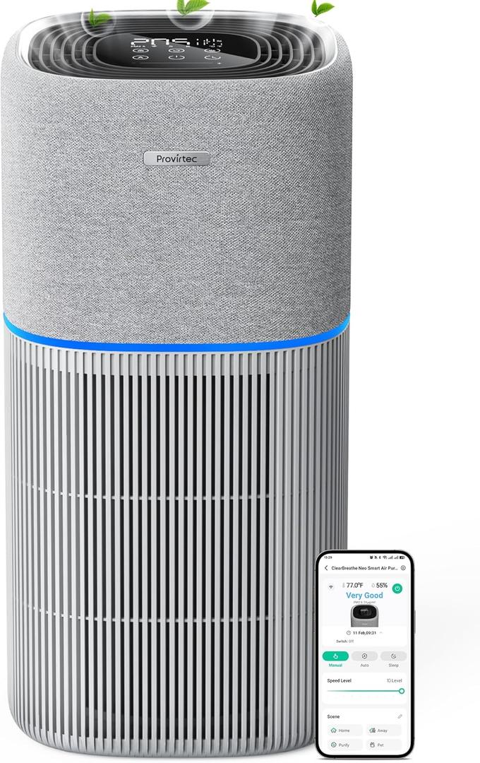 PureSpeed Air Purifiers for Home Large Room, with 5-Stage HEPA Filter, Captures 99.97% of Pet Hair, Smoke, Dust, Sleep Mode, Auto Mode, Air Quality Monitor, Smart WiFi, AP-02 (Grey)