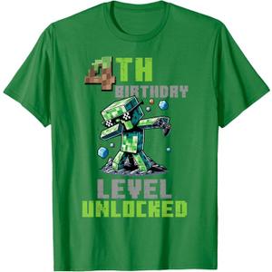 4th Birthday Level Unlocked Pixel Dab 4 Bday Gamer Boys Kids T-Shirt (Green, XS)