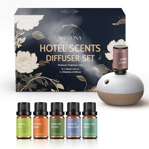 Waterless Rechargeable Scent Diffuser – Hotel Collection Diffuser Set with 6 Hotel Essential Oils – Two Intensity Modes – Home & Office Fragrance Machine