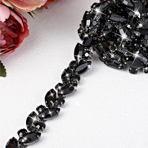 BBTO Rhinestone Chain Trim Applique Embellishment Crystal Wedding Bridal Costume Flower Leaf Chain Sewing Bling Trim for Jewelry DIY Necklace Bags Parties (3 Yards,Black)