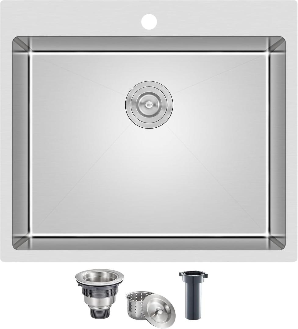 25 x 22 Inch Drop In Kitchen Sink, 18 Gauge T-304 Stainless Steel Handmade Single Bowl 1 Faucet Hole Topmount Kitchen Sink, Brushed, D25" x W22" x H9"