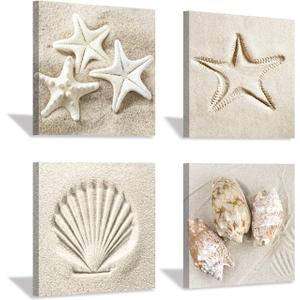 Hardy Gallery Coastal Serene Canvas Wall Art: Shells on Beach Sand Giclee Print Painting for Wall Decor for SPA Room (12''x12''x4pcs), 12" x 12" x 4panels