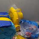 Inflatable Bounce House with Water Sprayers, Water Slides Park with Blower, Dartboard, Basketball Hoop, Deep Pool