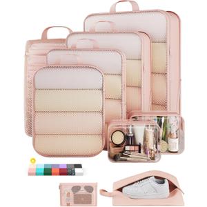 Veken 9/11 Set Compression Packing Cubes for Travel Essentials,Compressible Expandable Large Luggage Suitcase Organizer Bags for Clothing,Durable Space Saver Storage Bags with Toiletry Bags(Beige)