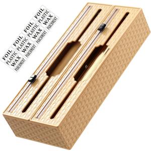 Xomoo 2 in 1 Wrap Dispenser with Cutter and Labels, Aluminum Foil, Plastic Wrap, and Wax Paper Dispenser for Kitchen, Bamboo Roll Organizer Holder, Compatible with 12.28" Roll