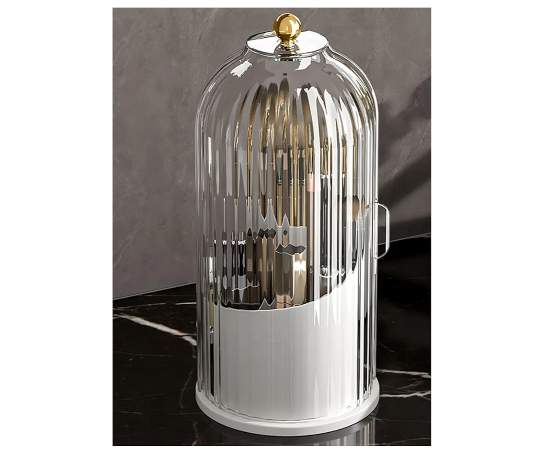 Skatx 360°Rotating Makeup Brushes holder with Lid，Make Up Organizers and Storage for Vanity Countertop or Bedroom Dresser（Transparent white）