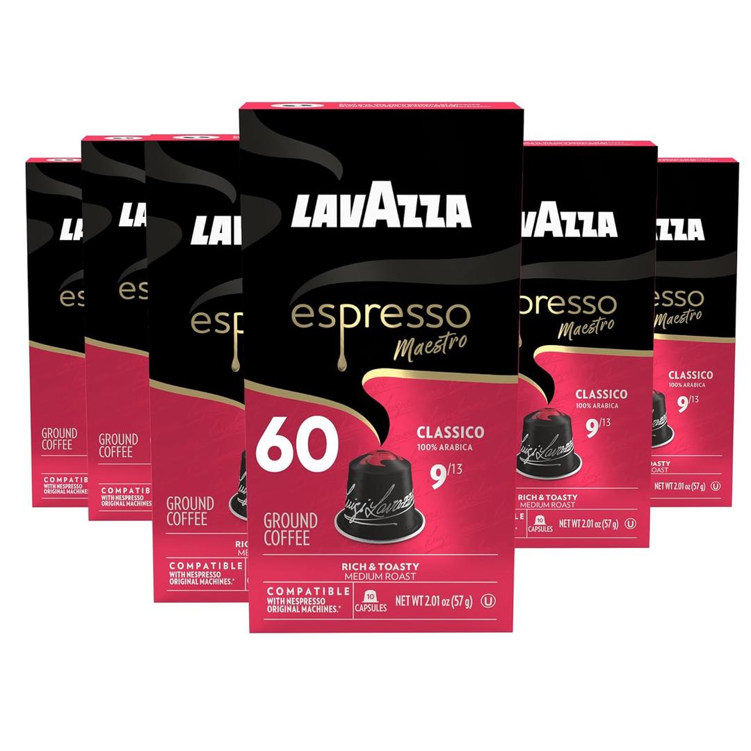 Lavazza Espresso Maestro Classico Aluminum Capsules Compatible with Nespresso* Original Machines, Medium Espresso Roast, 100% Arabica (60 Capsules) (EXP 12/30/27)