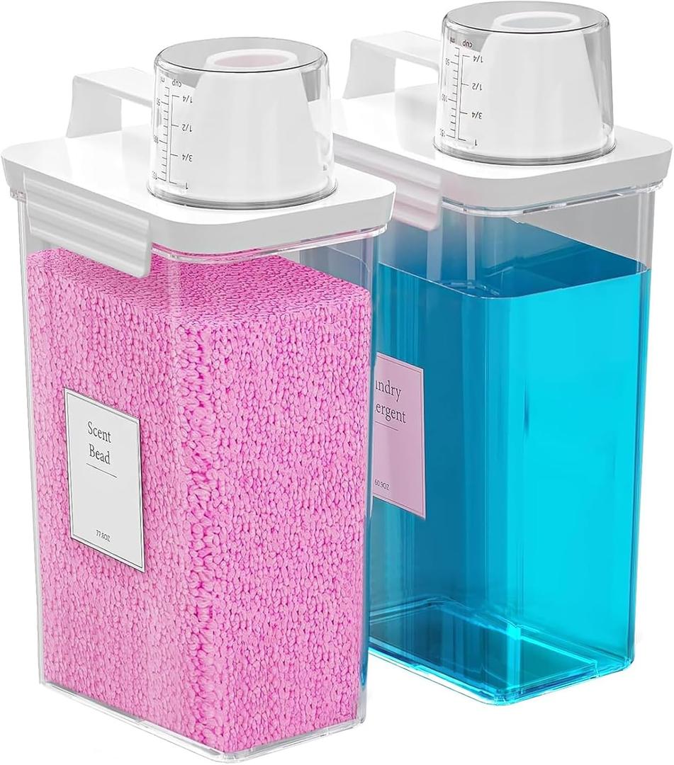 77.8 OZ Laundry Detergent Dispenser, 2 Pack Liquid Laundry Detergent Powder Container, Plastic Fabric Softener Dispenser for Laundry Room with Labels, Clear