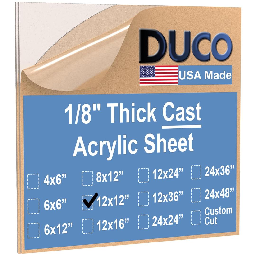 Duco USA-Made Clear Cast Acrylic Sheet 1/8 Inch Thick 12" x 12" - 2 Pack of Transparent Plexiglass Sheet - Lightweight Acrylic Board for Window Replacements, Displays, Signs, and More