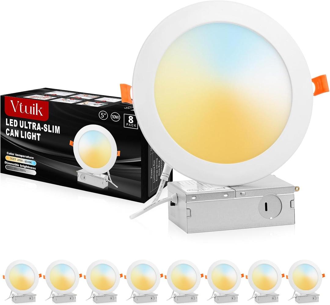 5 Inch LED Recessed Ceiling Light, Dimmable Canless Wafer Downlight, 7CCT 2700K-6500K for Kitchen Living Room Basement Bathroom, Ultra Thin with Junction Box, Damp-Rated 8 Pack