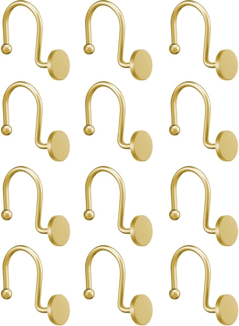 12Pcs Shower Curtain Rings,Bathroom Hook,Modern Decorative Shower Curtain Hangers,Smooth Glide Shower Hooks, Metal Round Decorative Shower Hooks Rings for Shower Curtain Liner.(Gold)