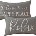 ULOVE LOVE YOURSELF Welcome to Our Happy Place Decorative Pillowcases 12x20Inch Home Relax Cushion Covers Modern Farmhouse Decor Cozy Lumbar Throw Pillow Cover 2Pack for Sofa Couch (Grey)
