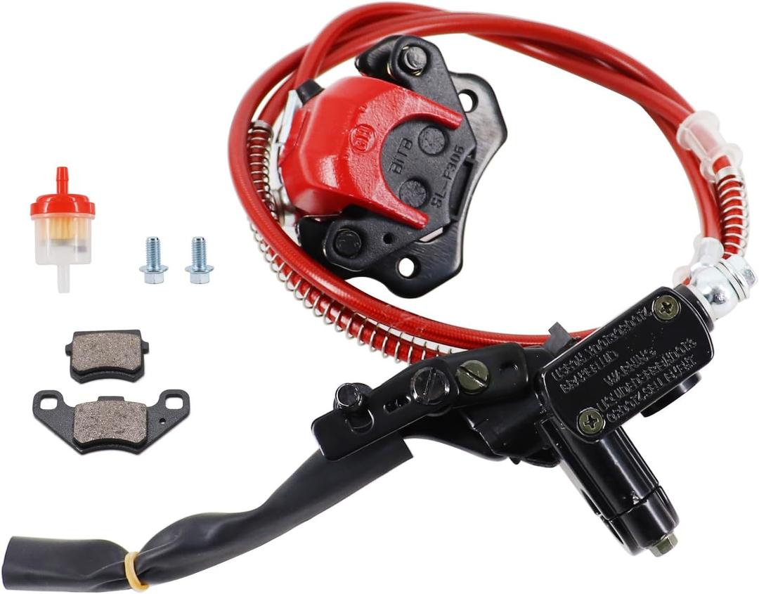 Red Rear Hydraulic Disc Brake System,ATV Quad Left Rear Hand Brake Assembly with caliper&brake pads for Chinese Quad 4 Wheeler Buggy 50cc 70cc 90cc 110cc 125cc 150cc Taotao Kazuma Coolster ATV parts