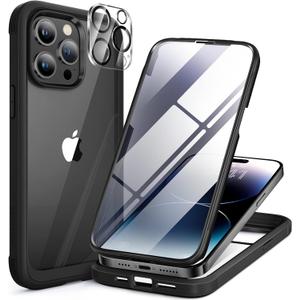 Miracase Glass Series Designed for iPhone 14 Pro Max Case 6.7 Inch, Upgrade Full-Body Bumper Case with Built-in 9H Tempered Glass Screen Protector with Camera Lens Protector, Black