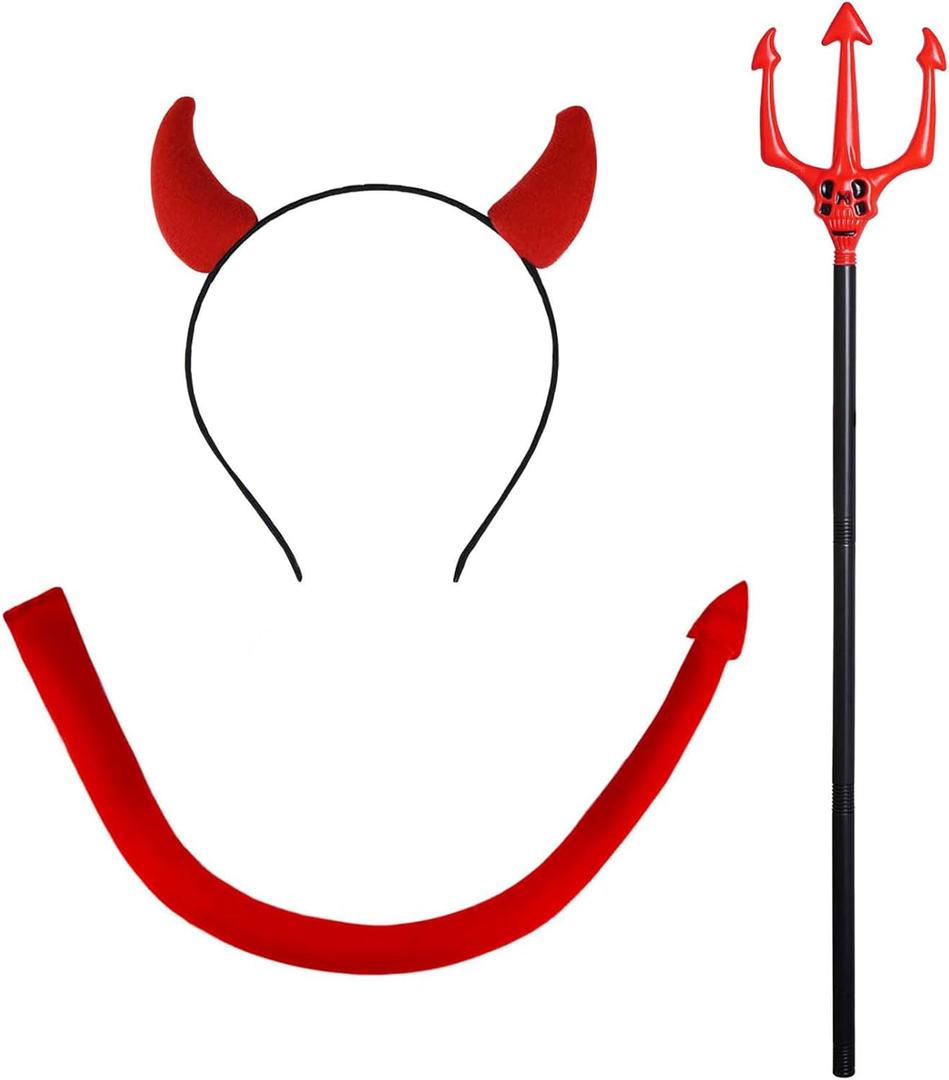 Jmkcoz Halloween Devil Costume Accessories Devil Horn Headband Red Devil Tail Long Devil Pitchfork Demon Dress Up Cosplay