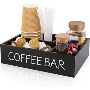 Coffee Bar Organizer  Wooden Coffee Station with 4 Compartments, Removable Dividers, and Condiment Storage for Home & Office (Black)