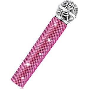 Sanwuta Fake Microphone Prop Sparkly Bling Rhinestones Plastic Play Microphone Pretend Glitter Bedazzled Mic for Cosplay Party Costume(Pink)