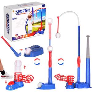 Exergoo 4-in-1 T Ball Set- Height Adjustable Tee Ball Set with 6 Baseballs, Kids Baseball Tee for 4-8,Indoor Outdoor Sports Toys for Boys Blue(Tball Bat/Batting Tee/Hanging Tee/Pitching Machine)