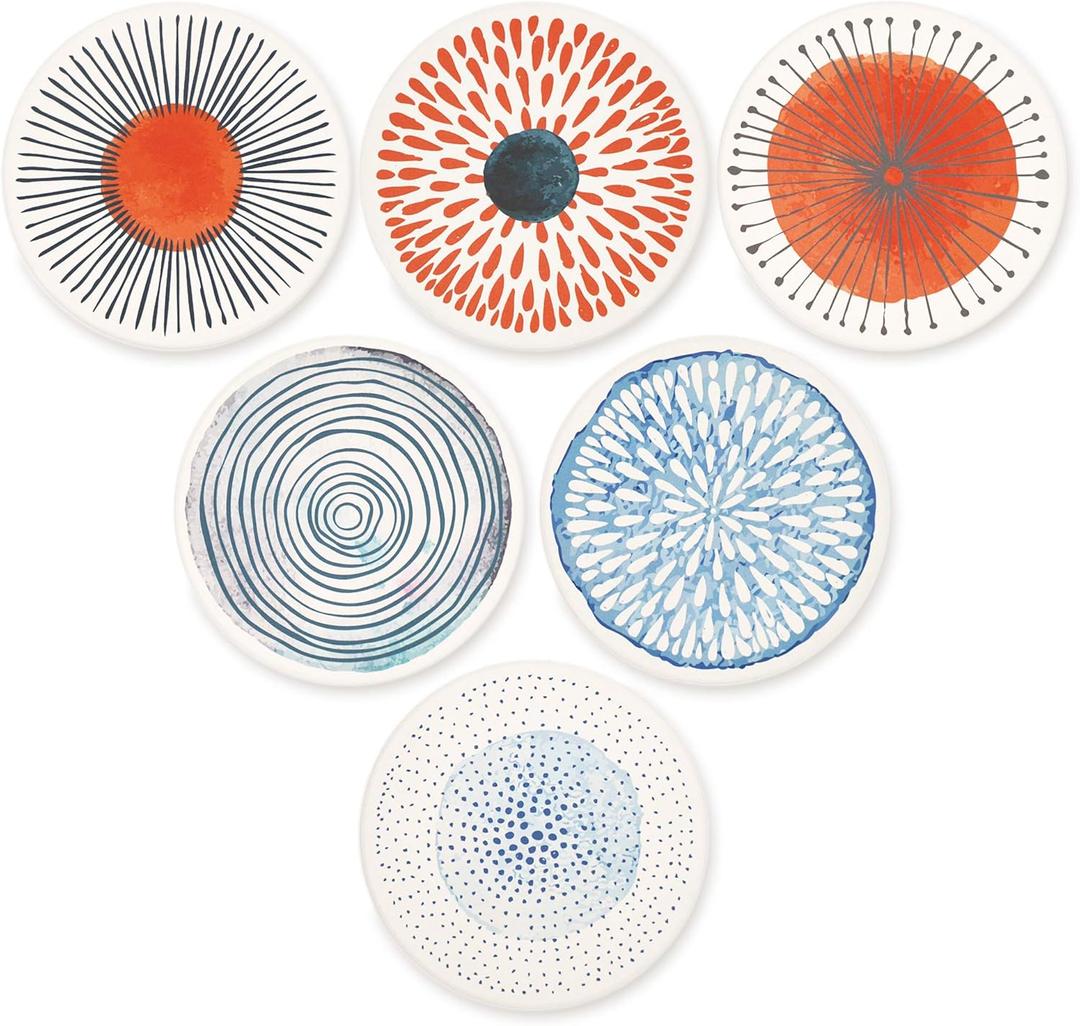 AD Set of 6 Coasters for Drinks Absorbing Round Ceramic Stone Coaster with Cork Base Tabletop Protection Mat for Mugs and Cups,Office,Kitchen (Colorful Series)