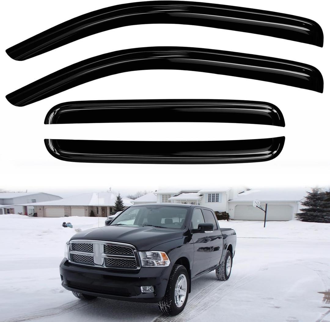 4PC Rain Guards for 09-18 Ram 1500 Crew Mega Cab Window Visors for 2010-2025 Ram 2500 3500 Deflectors Sun Shades Vent Tape On Out Channel w/ 4 Full-Size Doors