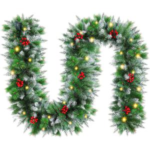 9FT Artificial Christmas Garland with LED Light Battery Operated Light Garland with 30 LED Warm Lights and 18 Red Berries for Mantle Stairs Fireplace Xmas Decoration