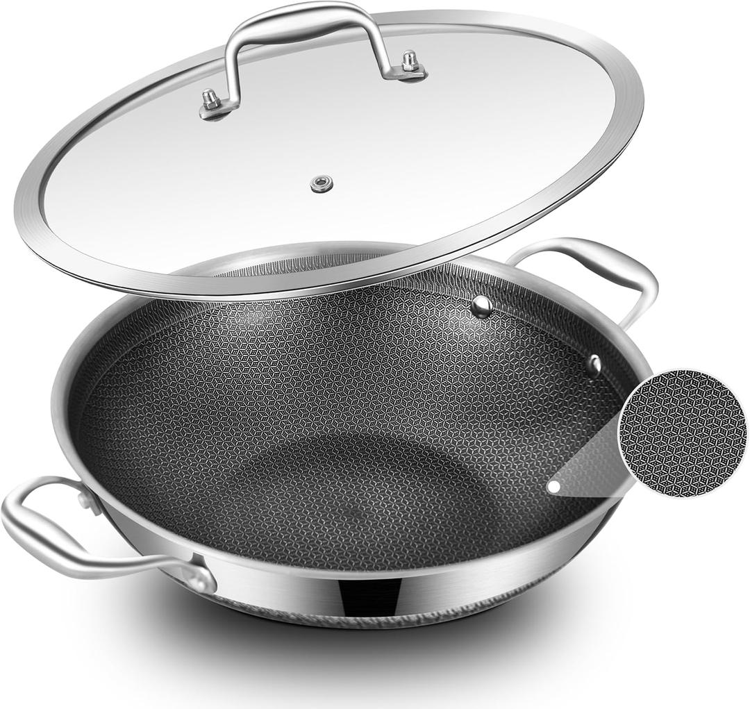 LOLYKITCH 12 Inch New Hybrid Tri-Ply Stainless Steel Wok Pan with Lid,Ceramic Nonstick Stir Fry Pans,Induction Cooking Pot,Dishwasher and Oven Safe