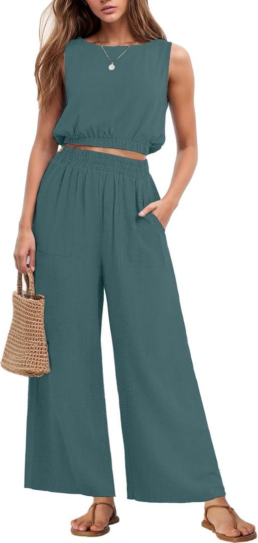 GRECERELLE Two Piece Sets for Women Sleeveless Crop Top Wide Leg Pants Sweat Set for Women Tracksuits 2026 Summer (Green, M)