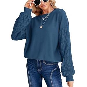 Miessial Women's Oversized Chunky Cable Knit Sweater Lantern Sleeve Pullover Sweaters Fall Winter Crew Neck Loose Jumper Top (Small Blue)