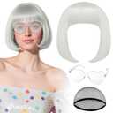 PLULON Light Gray Bob Wig with Heart Sunglasses and Hair Cap for Women, Short Bob Wigs Synthetic Colored Funny Cosplay Hairpieces for Women Men Neon Bachelorette Halloween Costume Party Decorations