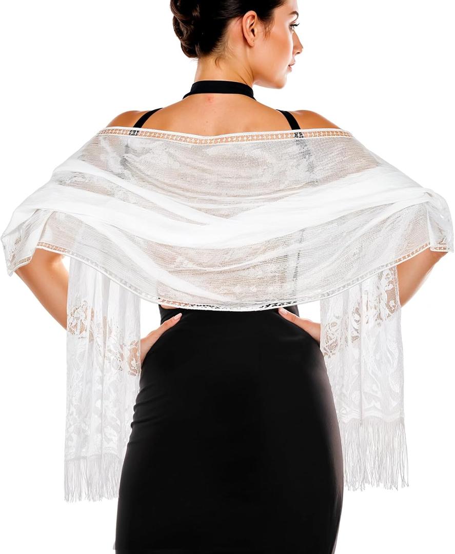 Jeffdad Women's Floral Lace Scarf Shawl wif Tassels for Women's Evening Dress Evening Party Mesh Wedding Shawls (White B)