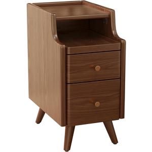Small Nightstand with Drawers, Solid Wood Bedside Table, Narrow Walnut Nightstand for Bedroom (12")