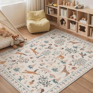 BESBLEE Washable Rugs 5x7, Soft Animal Print Ultra-Thin Low Pile Carpet, Non-Slip Stain Resistant Floral Pet Friendly Woodland Jungle Rug for Playroom Living Room Bedroom Entryway, Beige