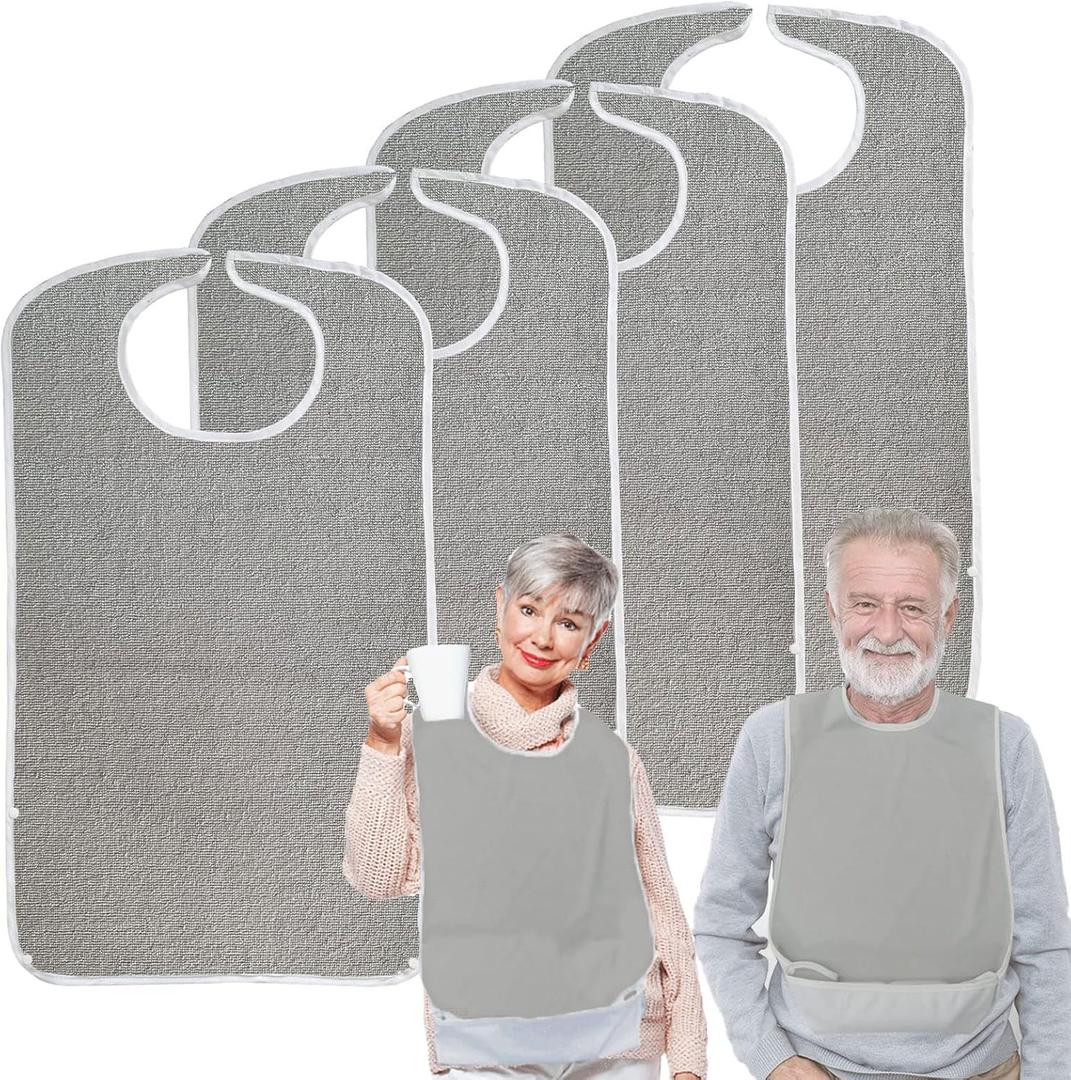 Pozico Adult Bibs for Eating Women/Men/elderly Washable,Waterproof, Clothing Protectors & Adult Bibs with Debris Trap (4 Grey)