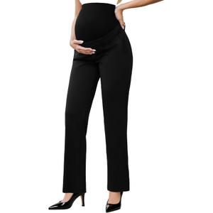 Ecavus Maternity Pants Over the Belly Seamless Stretch Work Pants Dual Length Pregnancy Office Dress Pants with Pockets (Medium, Black-long)