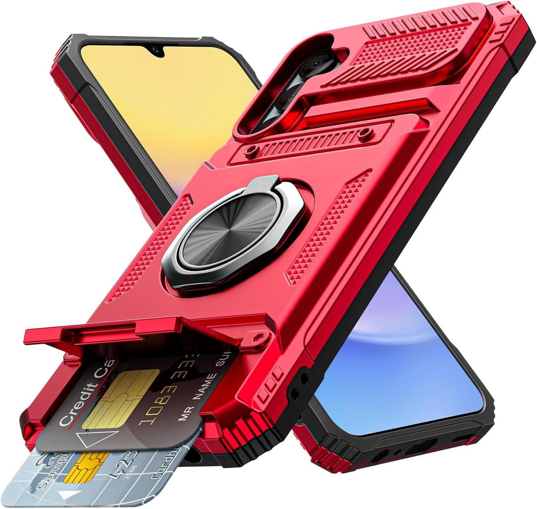 Vofolen for Samsung Galaxy A15 5G Phone Case with Card Holder [Store 2 Cards] + 360 Rotated Ring Holder Kickstand Heavy Duty Shockproof Wallet Phone Case for Samsung Galaxy A15 5G, Red