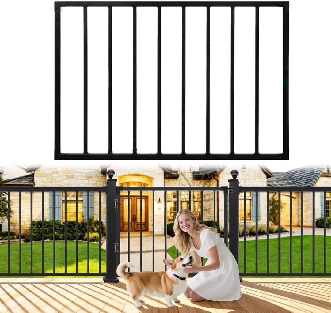 Heavy-Duty Outdoor Deck Fence Gate, Black Adjustable Steel Fence Gate with 48''W x 32.5''H, Deck Gate Outdoor - Metal Garden Gate for Yard, Patio, Backyard, Pet Containment, No Hinge Design