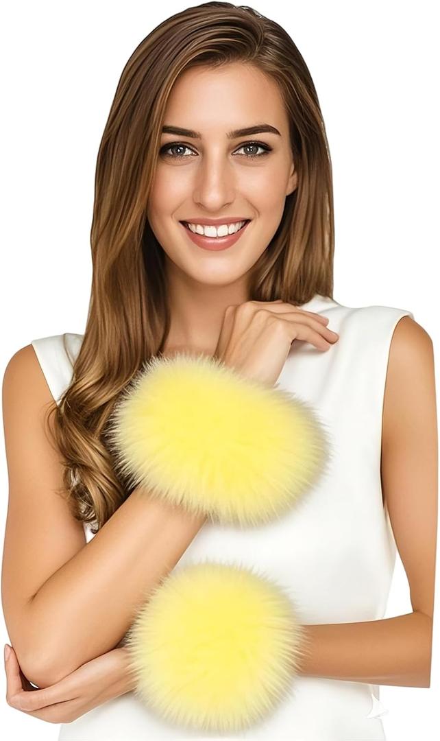 Lina & Lily Women's Winter Wrist Cuffs Warmers Faux Fur Fluffy (Light Yellow)