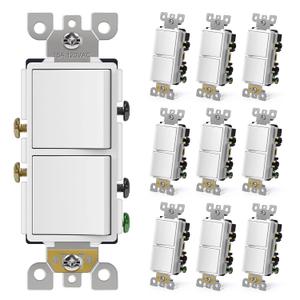 CML Double Paddle Rocker Decorator Light Switch, Single Pole Dual Self-grounding On/Off Interrupter, 15 Amp Electrical in-Wall Switches, UL Listed, 10 Pack, White