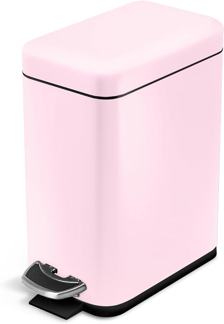 Home Zone Living 1.3 Gallon Small Bathroom Trash Can with Lid and Step Pedal, Stainless Steel Wastebasket with Slim Design for Home and Office, Matte Pink, 5 Liters