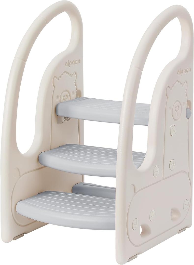 Toddler 3 Step Stool Onasti Kids Standing Tower for Toddlers Plastic Learning Helper Stool for Kitchen Counter Bathroom Sink Toilet Potty Training with Handles and Non-Slip Pads-Grey White, Gray