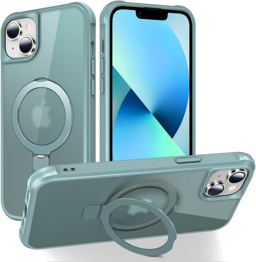 Magnetic Compatible with iPhone 13 Case with Stand [Military Grade Drop Tested][Compatible with Magnet] Ring Translucent Slim Hard Back Soft Edge, Teal Green