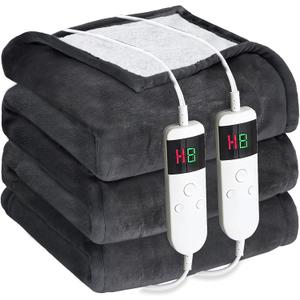 Electric Heated Blanket King Size 90''x100'' - Dual-Control Heating Blanket, Soft & Warm Flannel 10-Level Temperature Control, 8 Hours Auto Off, Rapid Heating & Overheat Protection