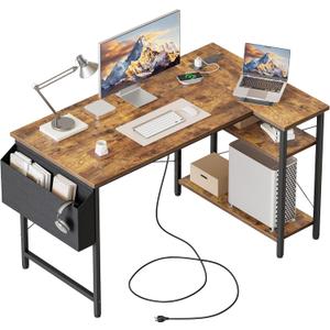 Mericonia Small L Shaped Computer Desk with Power Outlets, Gaming Desk for Small Spaces, Corner Desk with Reversible Storage Shelves, Study Writing Table for Home Office (40 inch)