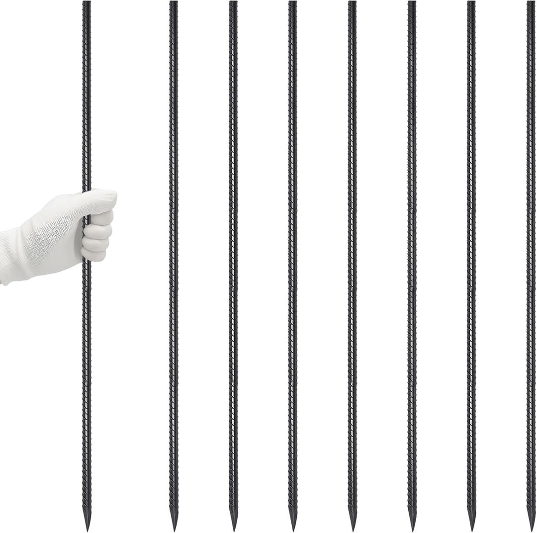 VVOKGO 48 Inches 8Pcs Steel Rebar Stakes with Chisel Point End, Heavy Duty Straight Landscpe Timber Spikes Metal Garden Camping Plant Support Garden Stakes Anti Rust Black (08Pcs-Black, I-48 Inch-3/8")