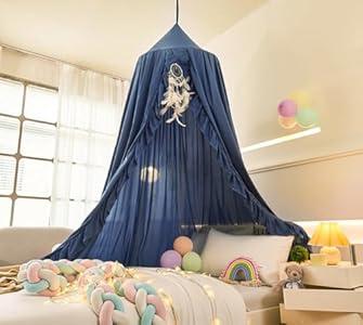 Mengersi Bed Canopy for Girls,Ruffled Canopy Bed Curtains Canopy for Girls Room,Hanging Canopy Princess Play Tent for Reading Nook Play Room Decor Blue
