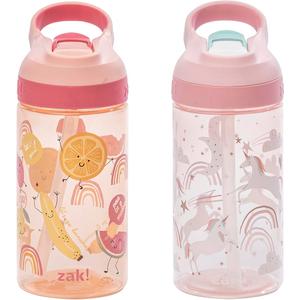 Zak Designs Atlantic Kids Water Bottle For SchoolZak Designs Atlantic Kids Water Bottle For School or Travel, 16oz Durable Plastic Water Bottle With Straw, Handle, and Leak-Proof, Pop-Up Spout Cover, 2-Pack (Fanciful Unicorn and Happy Fruit)