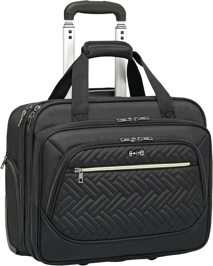 Coolife Rolling Laptop Briefcase 17.3 Inch Laptop Case Roller Computer Bag with Wheels Mobile Office Computer Brief (Black)